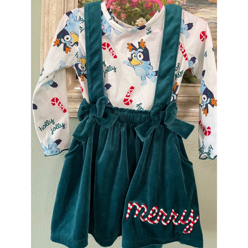 Girl's Toddler Green Velvet Bluey Christmas 2pc Long Sleeve Top Skirtall Set 3T